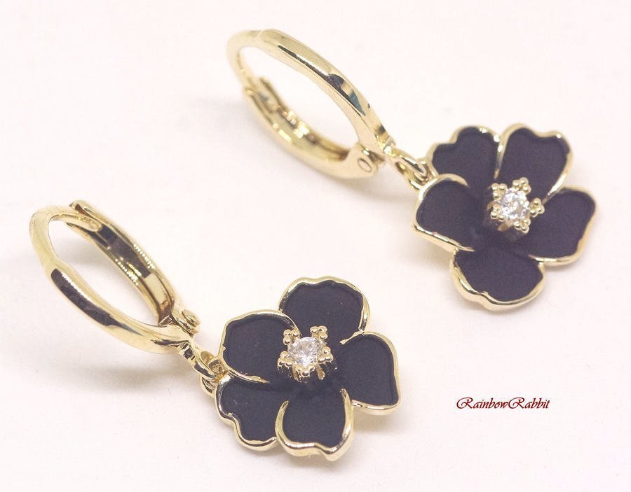 18K RGP Gold Diamond CZ Black Flower Ring Sergrings GP5358