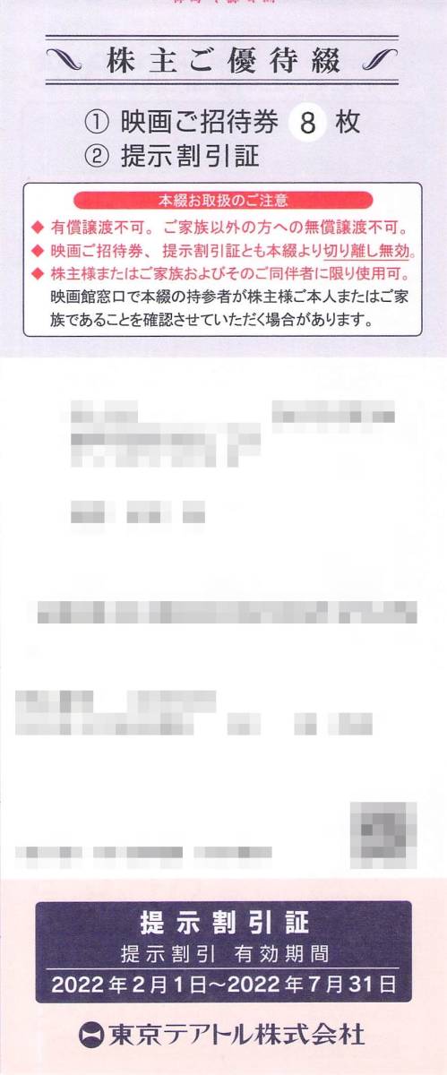 最新 東京テアトル 株主優待券 映画招待券8枚＋掲示割引証1枚 女性名義_画像1