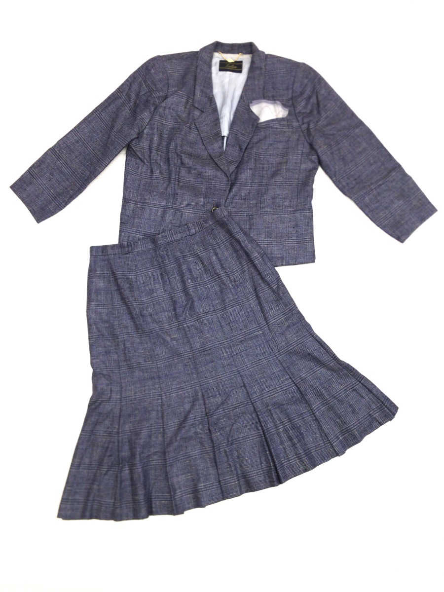 ●Leilian レリアン シルク100% スカートスーツ 上下セットアップ 15号 紺 ネイビー系×チェック レディース 婦人 大きい ゆったり 2XL 3L