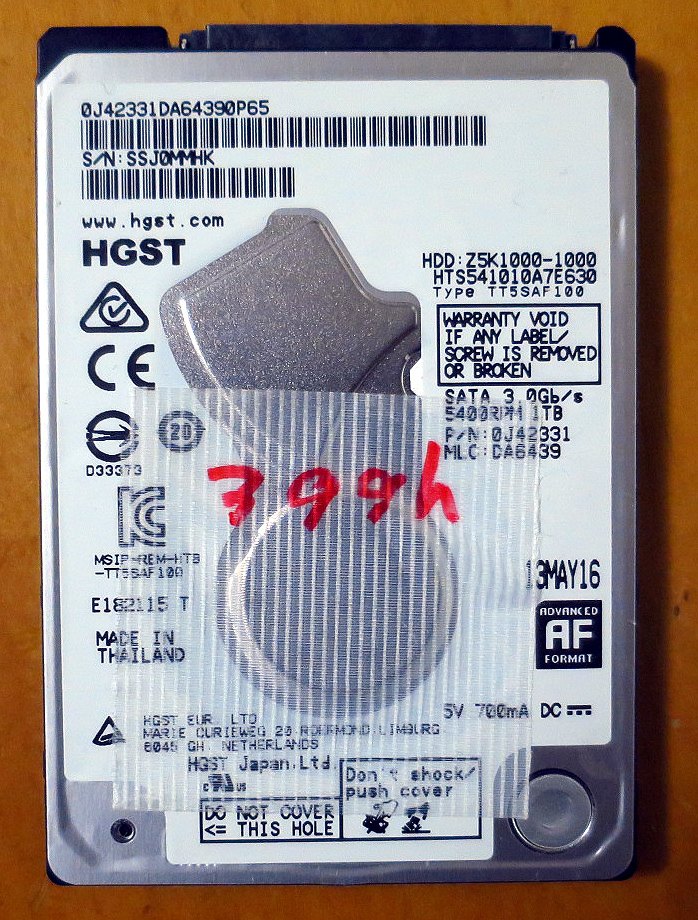 保証付き　完動品　使用時間399h　1TB・HDD　HGST製