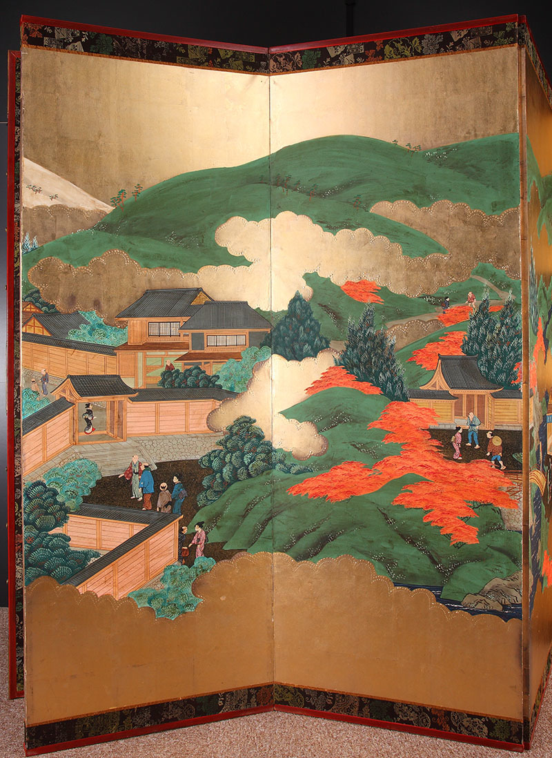 祇園春秋図屏風一双 (祇園 金屏風 障壁画 京都 春 秋 屏風 茶道具) - 家具、