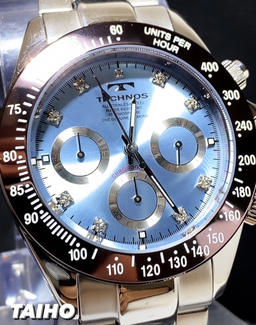 一部予約販売中 限定カラー新品テクノスtechnosクロノフラフ腕時計天然ダイヤモンドアイスブルーコスモグラフダイバー セーム革付き送料無料 テクノス