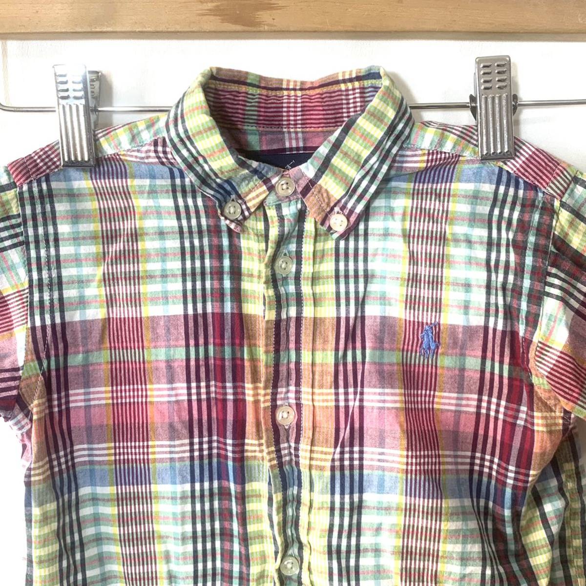 ■KIDS 90s 90年代 ビンテージ Ralph Lauren ラルフローレン 刺繍ロゴ マドラスチェック柄 ボタンダウン 半袖シャツ 古著 サイズM24■