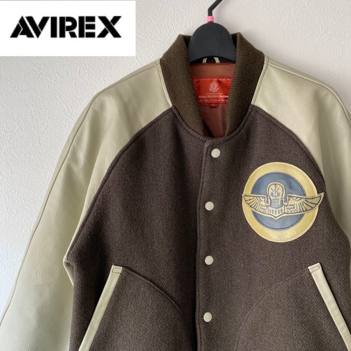AVIREX アヴィレックス 牛革 レザー size S スカルウイング ワッペン 袖革スタジャン ドクロ