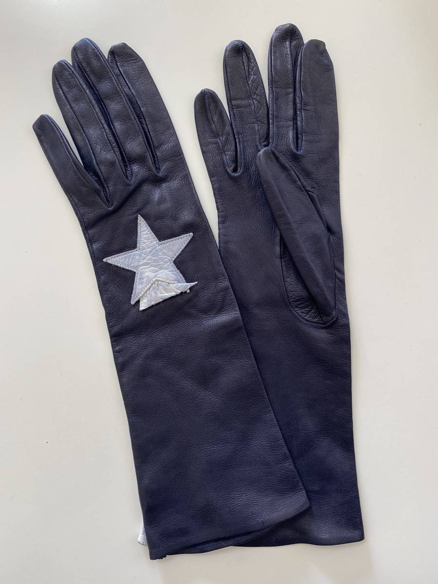 [ beautiful goods ] France made Hermes HERMES lady's leather long glove leather gloves navy size 6 half lining less 