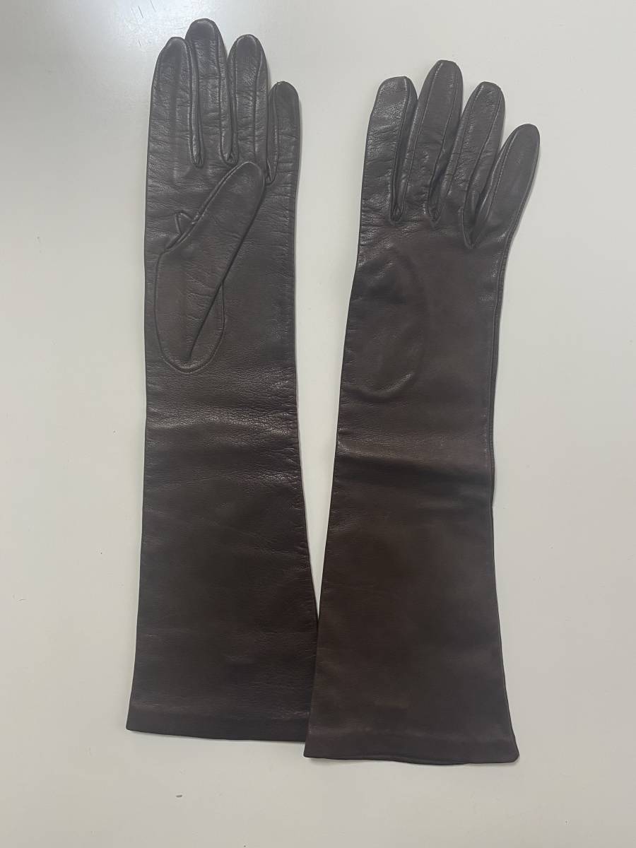 [ beautiful goods ] Italy made Body Dressing Deluxe lady's leather long glove Brown leather gloves silk lining size 7