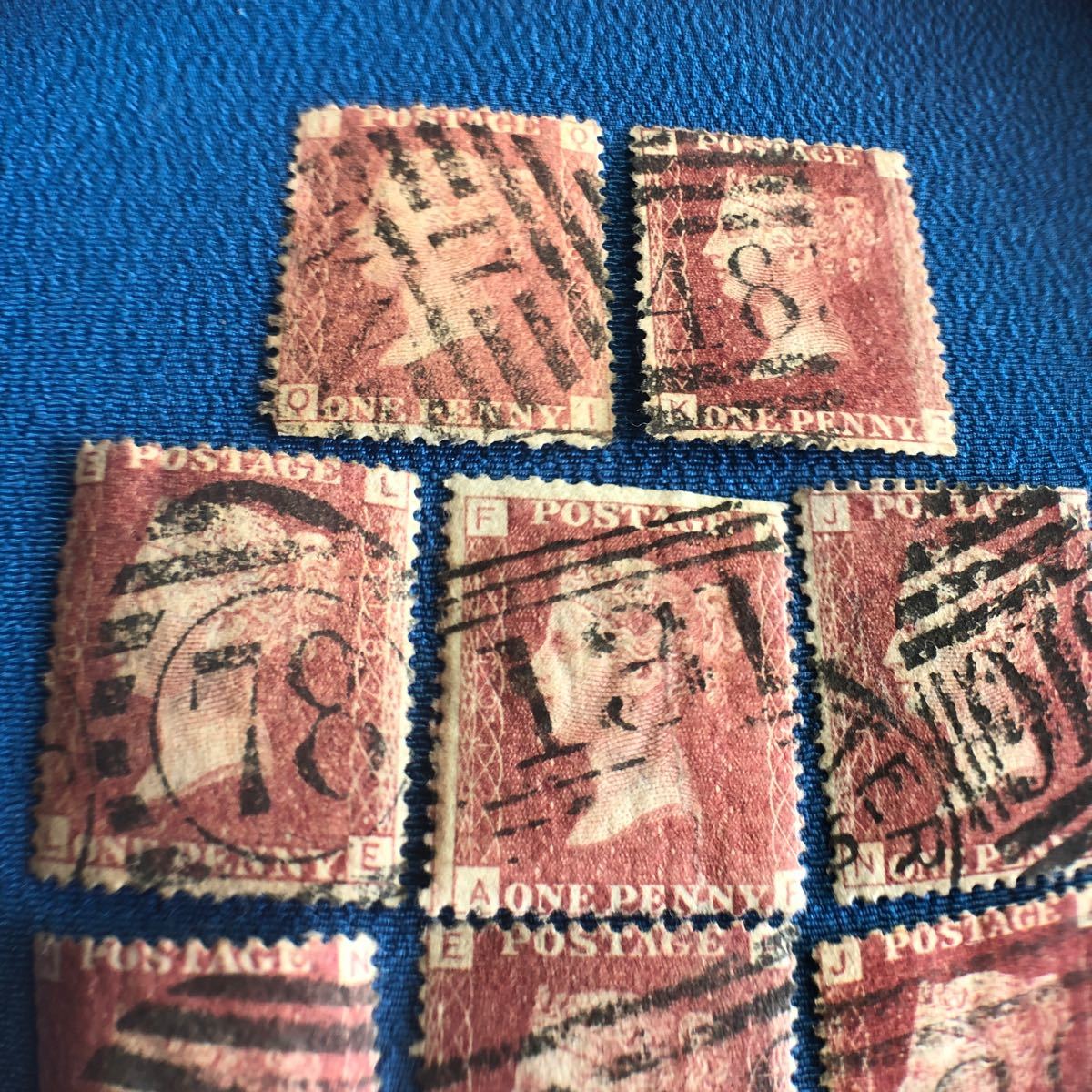 ３番目に古い切手！ペニーレッド8枚使用済　消印明瞭　数字等が明瞭　ヴィクトリア女王の肖像入　ペニーブラックの後継