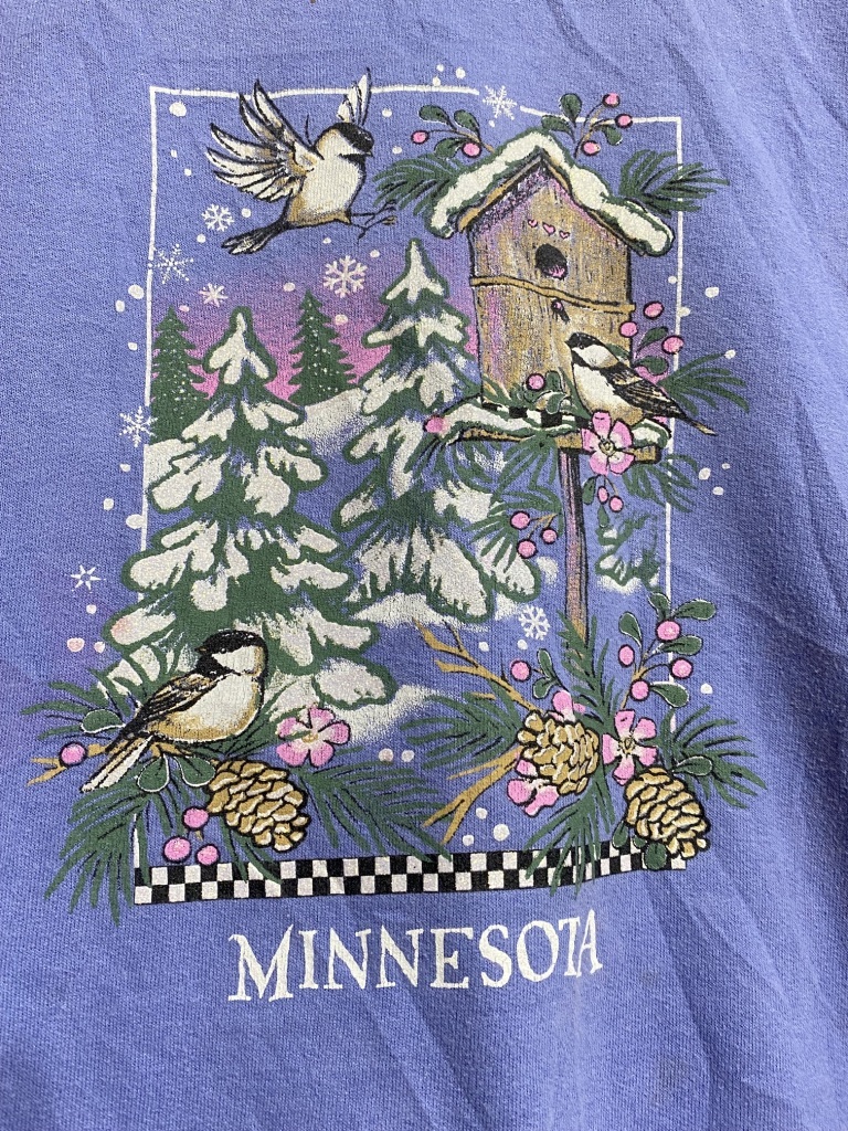 90\'s vintage JERZEES тренировочный футболка L.... б/у одежда лиловый лаванда снег. лес сосна .... птица дерево. гнездо ламе ввод большой размер 