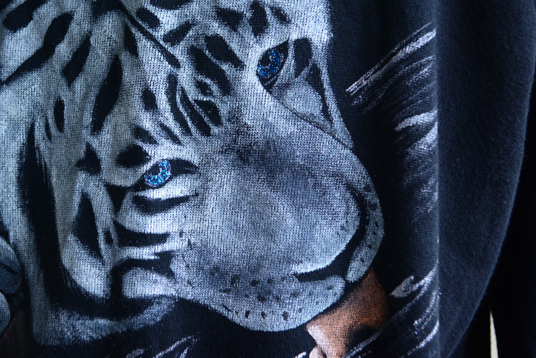 90-00s WHITE TIGER プリントスウェット 黒 Hanes 表記L / ラメ 寅 虎