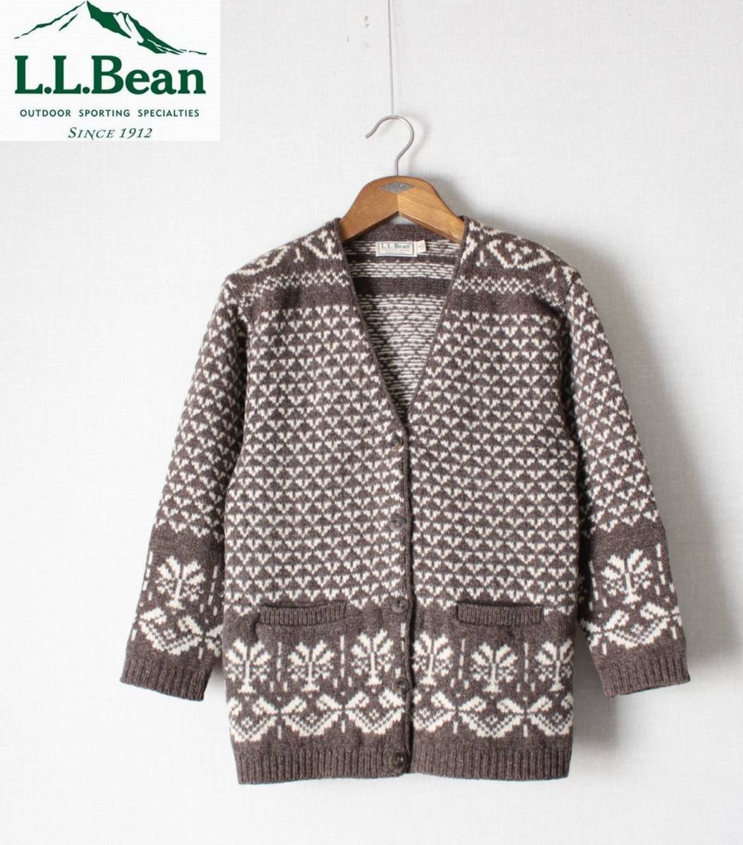 USA製【 L.L.Bean エルエルビーン 】ヴィンテージ ウールニット カーディガン S/レディース フェアアイル ノルディック 総柄 オールド 80s