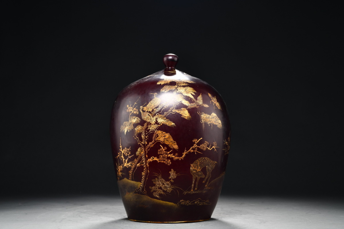 ◇鶴鳴堂◇中国・宋時代瓷胎描金松鶴紋蓋罐唐瓷染付古陶瓷古美味古