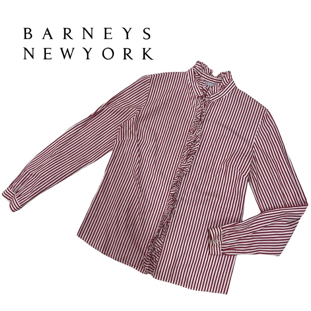 a318 сделано в Японии! BARNEYS NEW YORK Barneys New York рубашка с длинным рукавом tops хлопок 100% оттенок красного полоса рисунок женский полный размер справка 