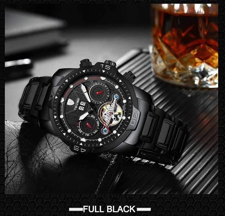【送料無料】男性高級腕時計 機械式自動巻 多機能 カレンダー 曜日表示 トゥールビヨン メンズウォッチ ファション /black gold-sj00428_画像3