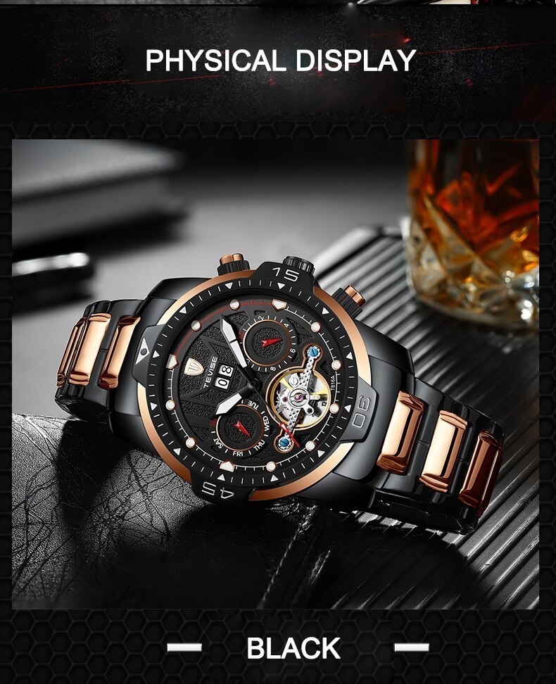 【送料無料】男性高級腕時計 機械式自動巻 多機能 カレンダー 曜日表示 トゥールビヨン メンズウォッチ ファション /black gold-sj00428_画像6