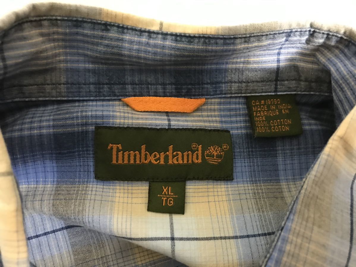 本物ティンバーランドTIMBERLANDコットンチェック柄デカビッグワーク長袖シャツメンズスーツビジネス青ブルーアウトドアXL