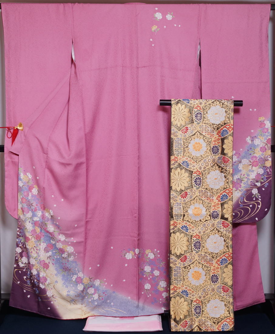 贈る結婚祝い 裄長サイズ ピンク色 ピンクぼかし地に桜模様 セット 3点 振袖・袋帯・長襦袢 仕立て上がり 新品 振袖セット 振袖 きもの天陽 セット 着物 振袖