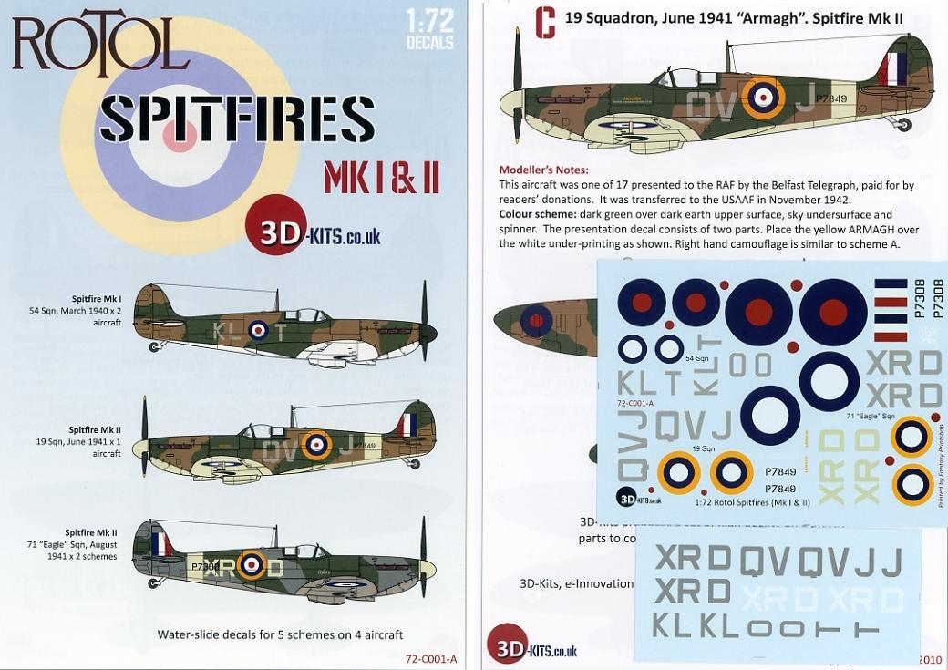 1/72 3D-Kitsデカール　スピットファイア Mk.Ⅰ/Ⅱ_画像1