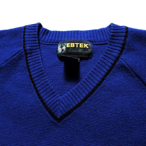 90's エディーバウアー EBTEK チェストボーダー Vネック ウール ニット セーター 青×黒 (L) ブルー ブラック 90年代 旧タグ アウトドア_画像7