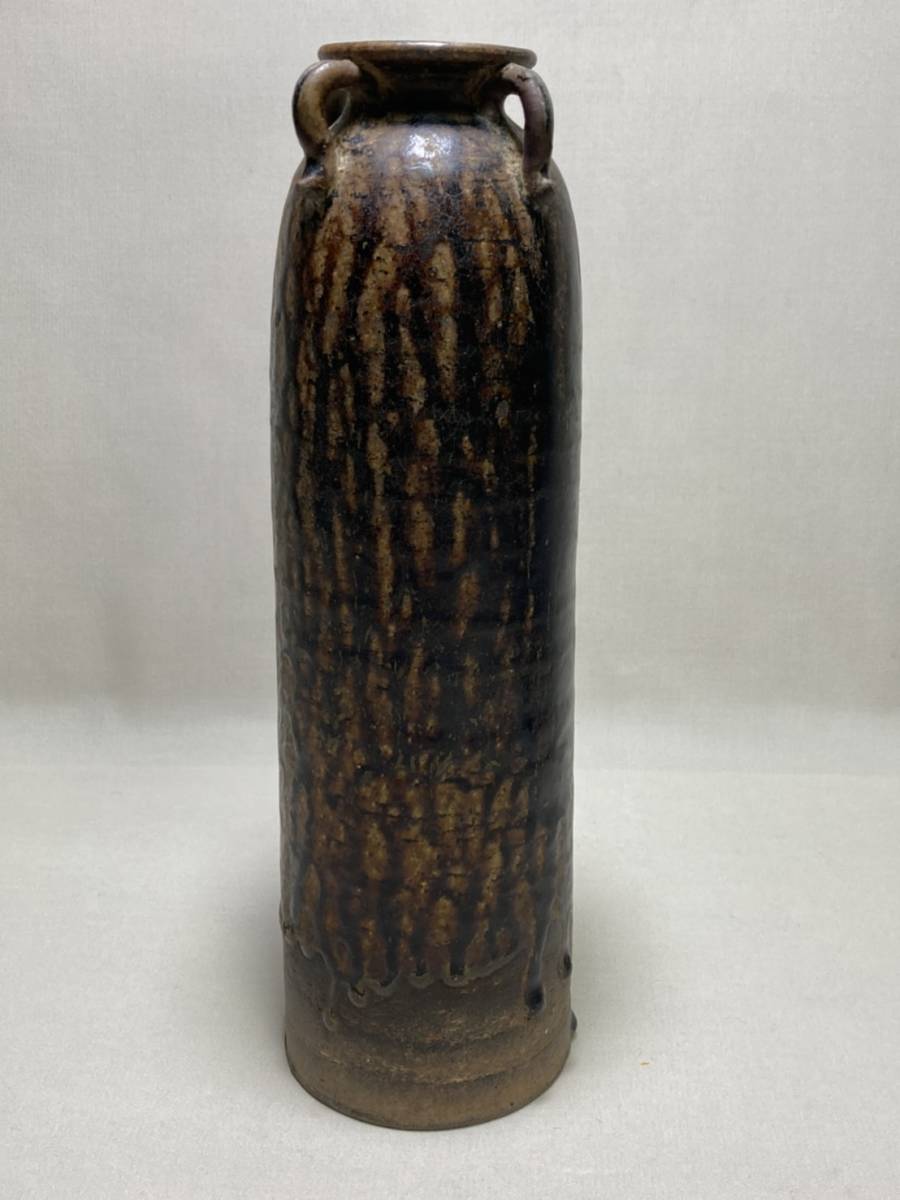 置物【クメール四耳壺 黒釉 長瓶 タイ 東南アジア カンボジア 4つ耳 古