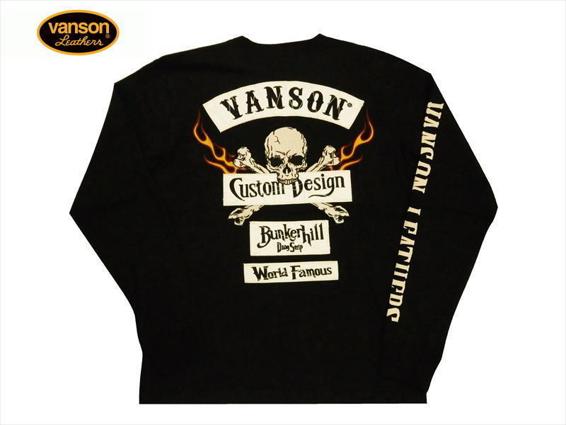 バンソン VANSON NVLT-2118 刺繍＆布ワッペン「クロスボーンスカル＆フレイム」長袖Tシャツ ブラック Lサイズ 新品_画像1