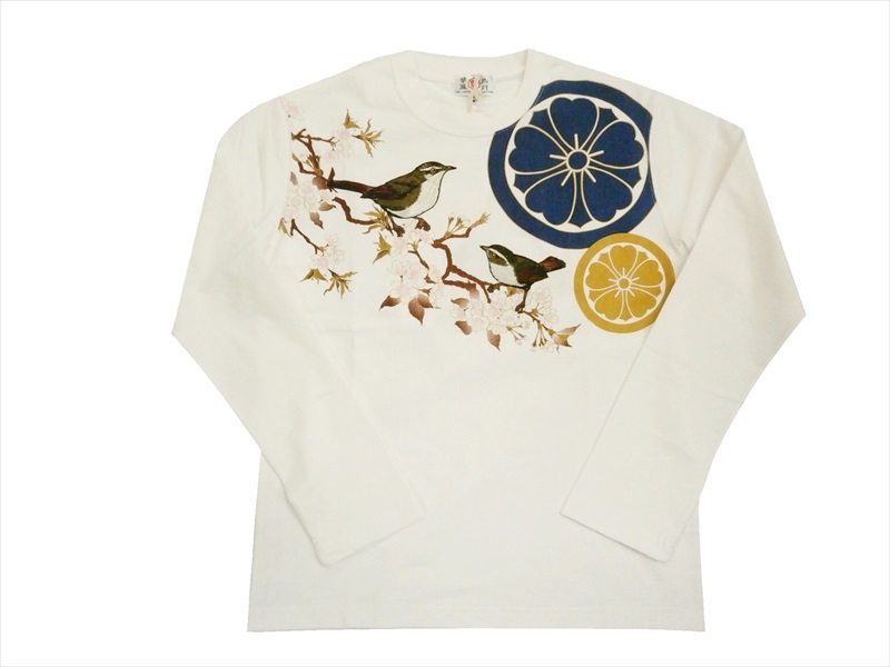 華鳥風月 373151 和柄刺繍&プリント「ウグイス桜/メジロ梅」長袖Tシャツ ホワイトL新品