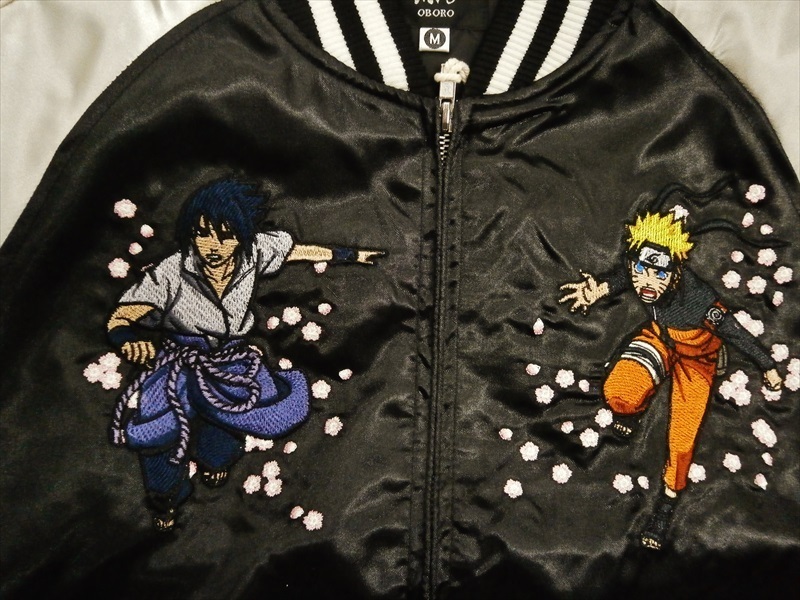 ナルト×朧(おぼろ) コラボ サテン スカジャン 華鳥風月 9001823 総刺繍『NARUTO/風神・サスケ/雷神』黒×シャンパンゴールド L 新品_画像5