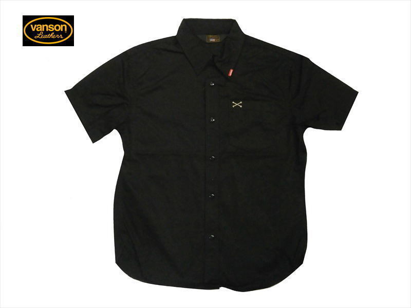 選ぶなら Vanson L新品 ブラック ツイル半袖シャツ ワンポイント刺繍 クロスボーン NVSS-807 バンソン Lサイズ