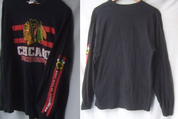 NHLシカゴ・ブラックホークスCHICAGOBLACKHAWKS袖プリント長袖Tシャツ/ロンT黒色古着スポーツ_画像2