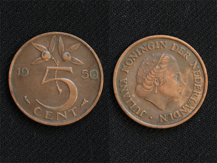 【オランダ】 5セント 1950年 ユリアナ女王発行初年 銅貨　cent_画像1