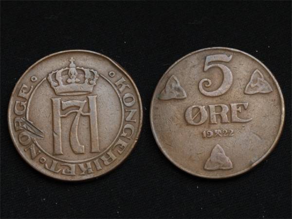 【ノルウェー】 5オーレ 1922年　ホーコン７世　銅貨_画像1