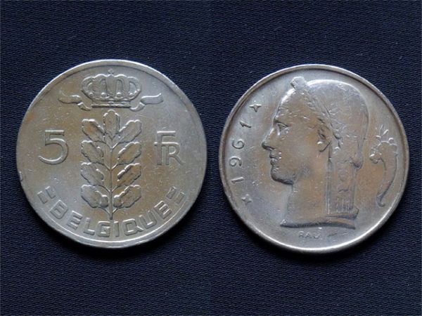 【ベルギー】 5フラン Fr 1961年 白銅貨_画像1