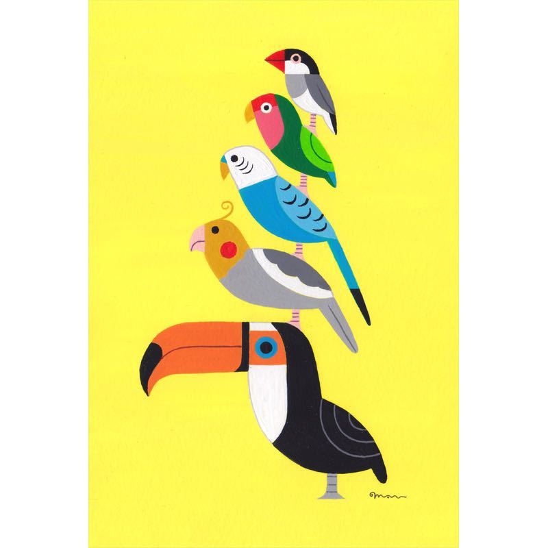 絵本作家のオーダー絵画「ポップな小鳥ブレーメン A4」小鳥/鳥/イラスト/絵/北欧/アート/絵画_画像4