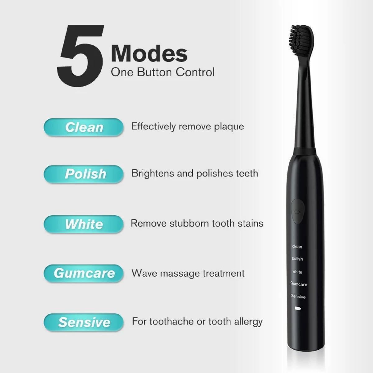 電動歯ブラシ　黒色　充電式　未開封新品　ブラシ8本付き　防水