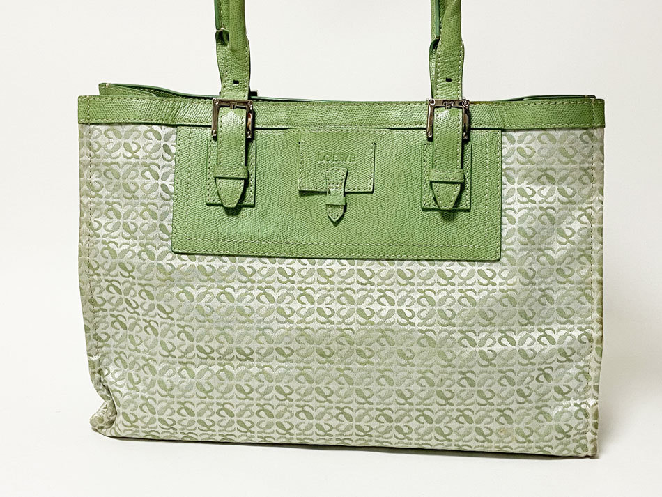 Бесплатная доставка Loewe Loewe Tote Bag Canvas Green Leather Используется