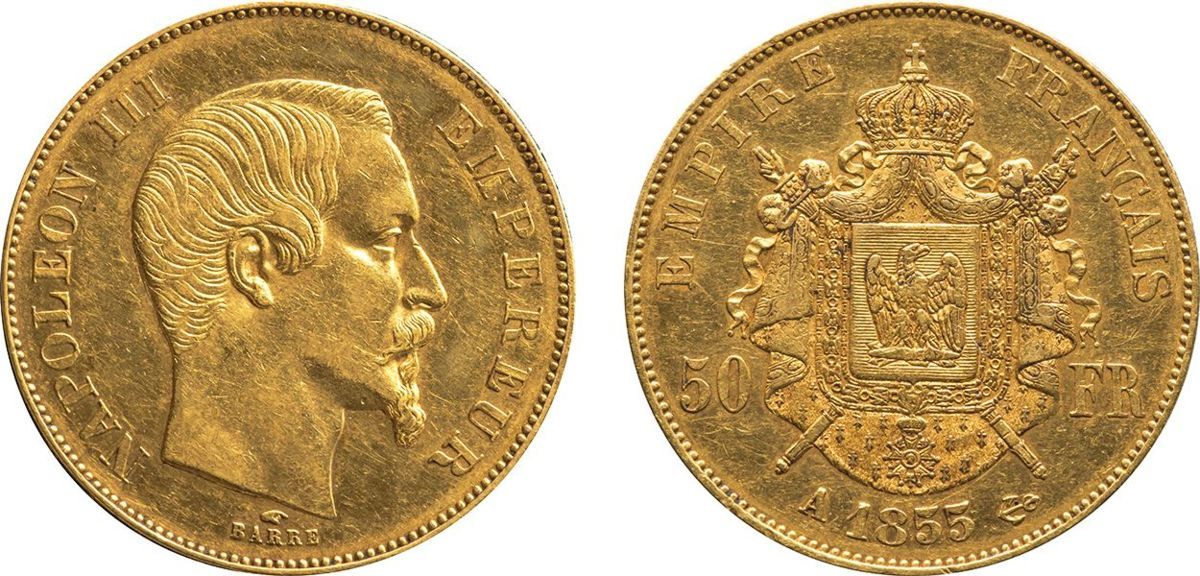 フランス 50フラン金貨 1855年A(パリ鋳) 美品+ ナポレオン3世無冠