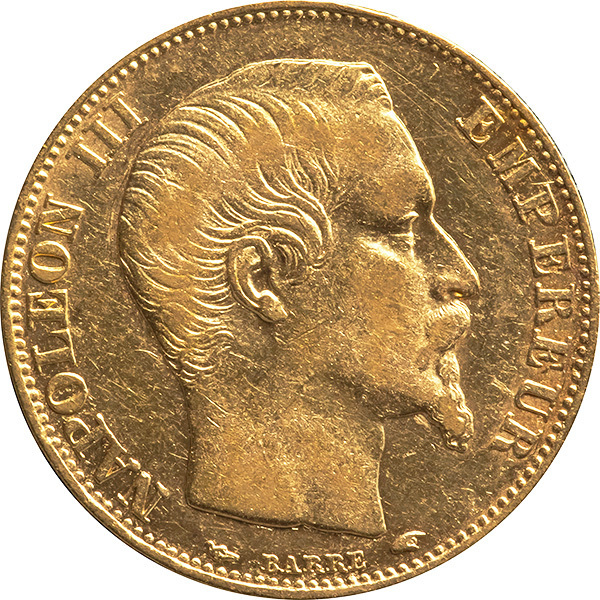 フランス 20フラン金貨 1854年A 美品 ナポレオン3世無冠