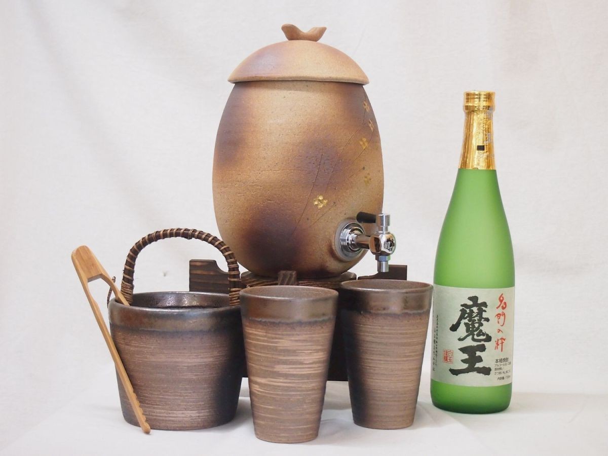  Shigaraki .* Akira mountain kiln shochu server fire color gold fine pattern 2200cc( Shiga prefecture )+ Banko .* Bizen gold paint shochu pair cup ice inserting ( three-ply prefecture )+ potato shochu rice‐flour dumplings 