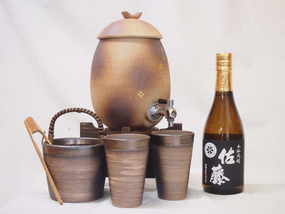  Shigaraki .* Akira mountain kiln shochu server fire color gold fine pattern 2200cc( Shiga prefecture )+ Banko .* Bizen gold paint shochu pair cup ice inserting ( three-ply prefecture )+ potato shochu Sato 