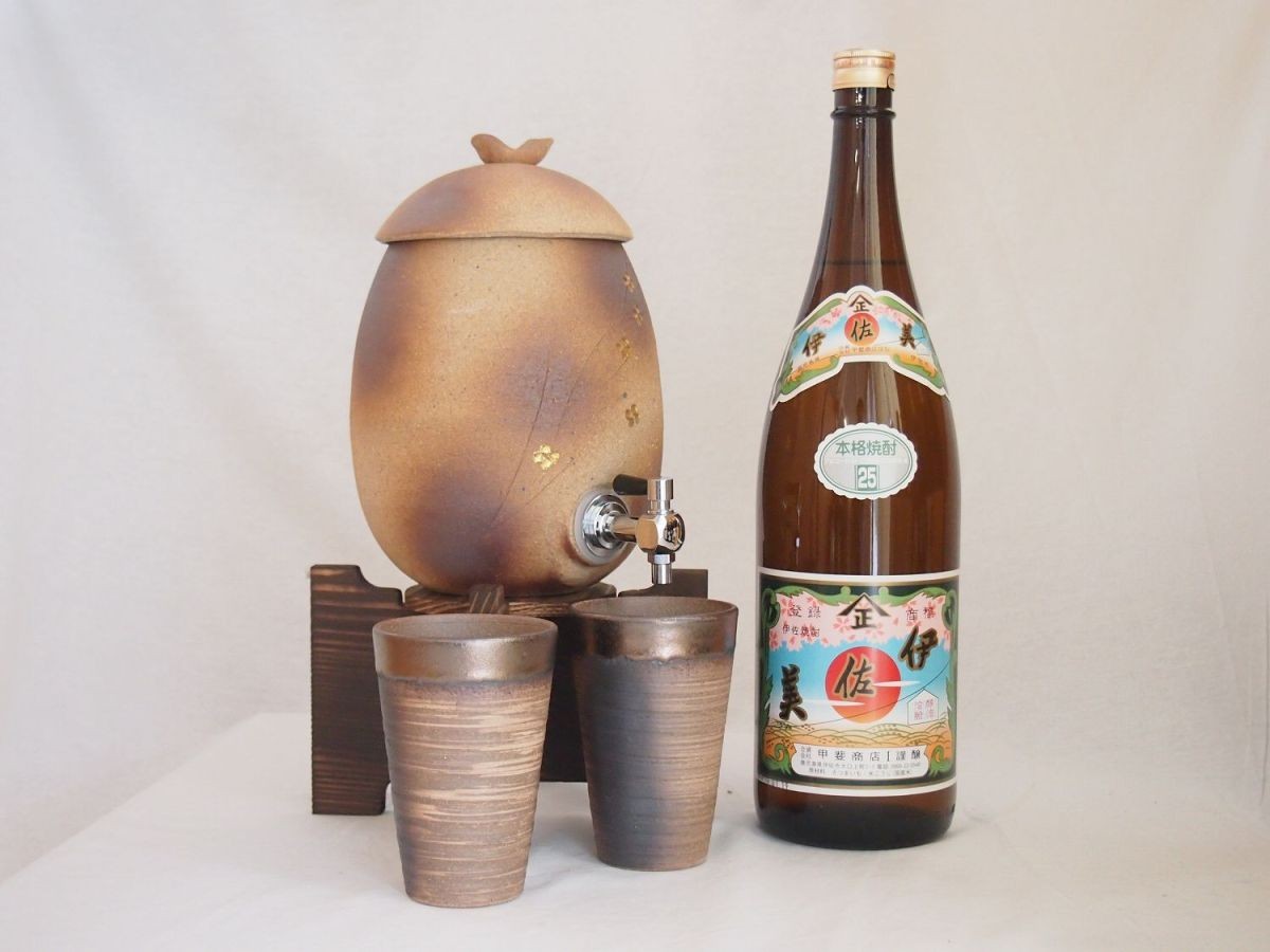  Shigaraki .* Akira mountain kiln shochu server fire color gold fine pattern 2200cc( Shiga prefecture )+ Banko .* Bizen gold paint shochu pair cup ( three-ply prefecture )+ potato shochu set .. quotient 