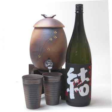 信楽焼・明山窯 焼酎サーバー 火色金小紋 2200cc(専用木台付き)+備前