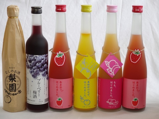 果実リキュール6本セット 紀州産 南高梅使用ブルーベリー梅酒 500ml（和歌山）・なしのお酒 梨園（りえん） 500ml 篠崎_画像1