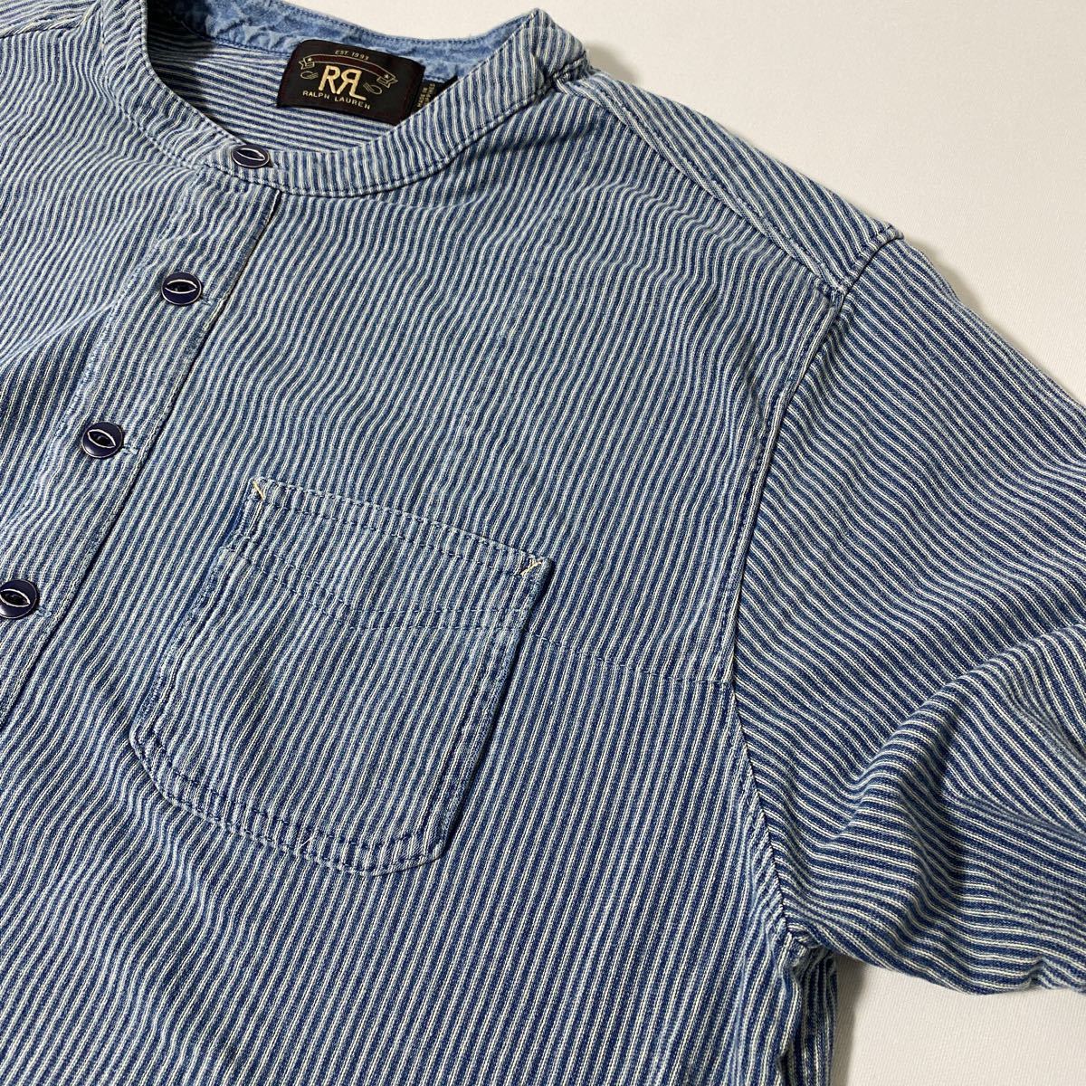 オンラインショッピングサイトです 美品 RRL エイジング 加工 インディゴ ストライプ プルオーバー スタンド カラー シャツ L ヘンリーネック 国内正規品 オンラインショッピングサイトです 美品 RRL エイジング 加工 インディゴ ストライプ プルオーバー スタンド カラー シャツ L ヘンリーネック 国内正規品