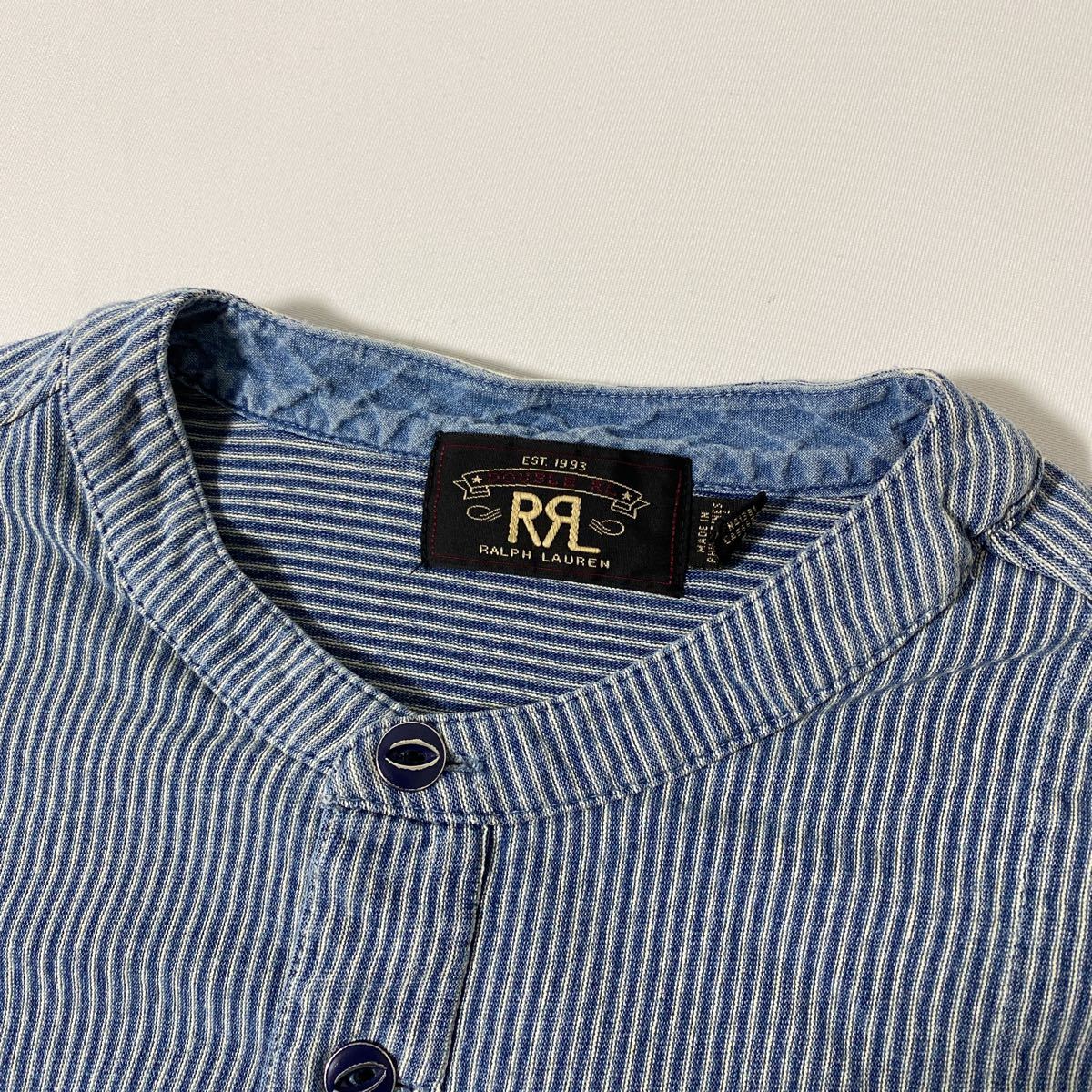 オンラインショッピングサイトです 美品 RRL エイジング 加工 インディゴ ストライプ プルオーバー スタンド カラー シャツ L ヘンリーネック 国内正規品 オンラインショッピングサイトです 美品 RRL エイジング 加工 インディゴ ストライプ プルオーバー スタンド カラー シャツ L ヘンリーネック 国内正規品