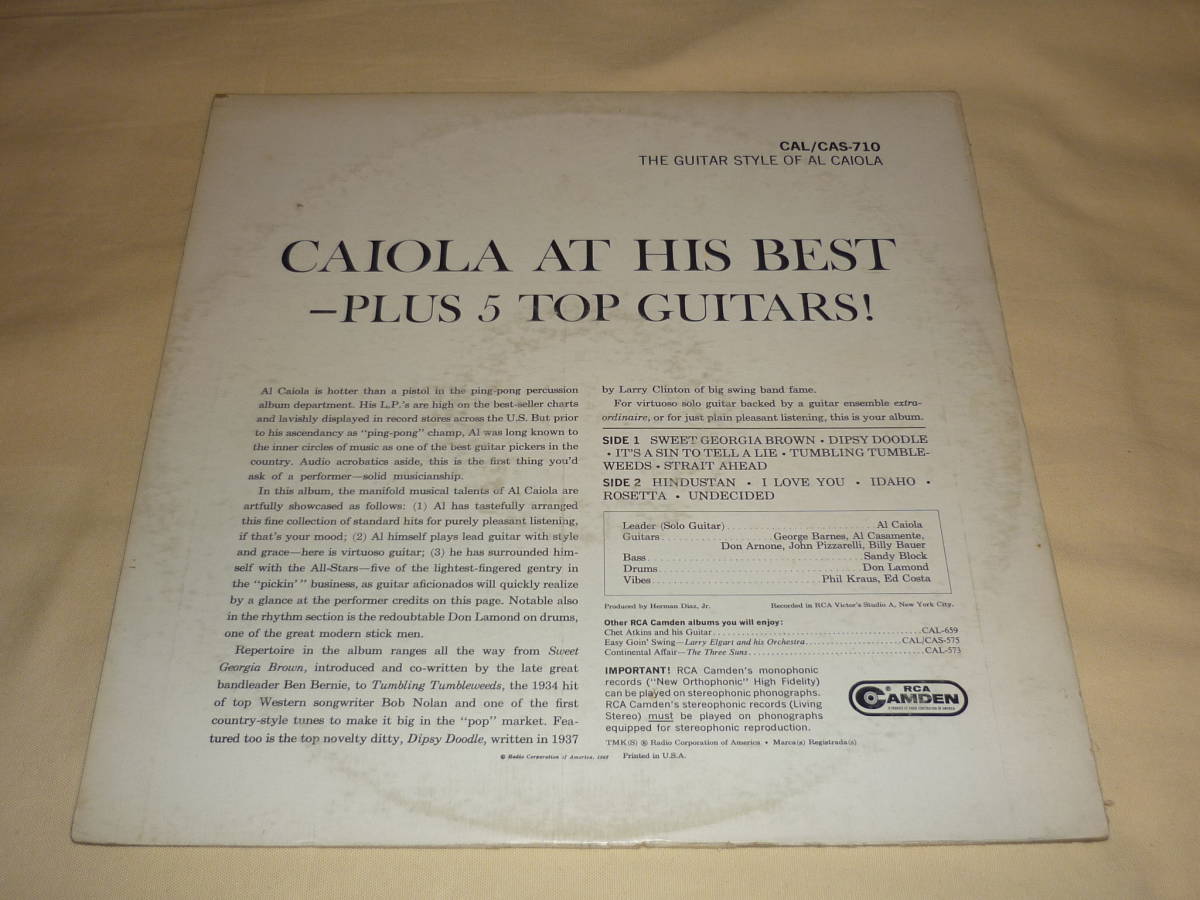 Al Caiola / The Guitar Style Of Al Caiola 5 all-star guiters ～ MONO / US / 1962 / RCA Camden CAL-710 / George Barnes_画像2