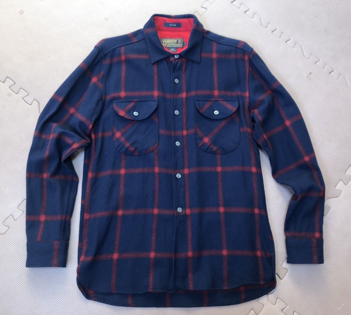 ペンドルトン Pendleton トーマスケイ コレクション 限定生産モデル Oliver ウールシャツ 紺×赤 シャドー チェック柄 size M 猫目ボタン_画像1