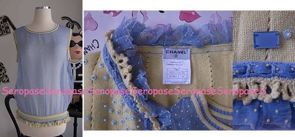 *05C Chanel CHANEL small flower & polka dot pretty cashmere .. twin set cardigan + tank top blouse 44