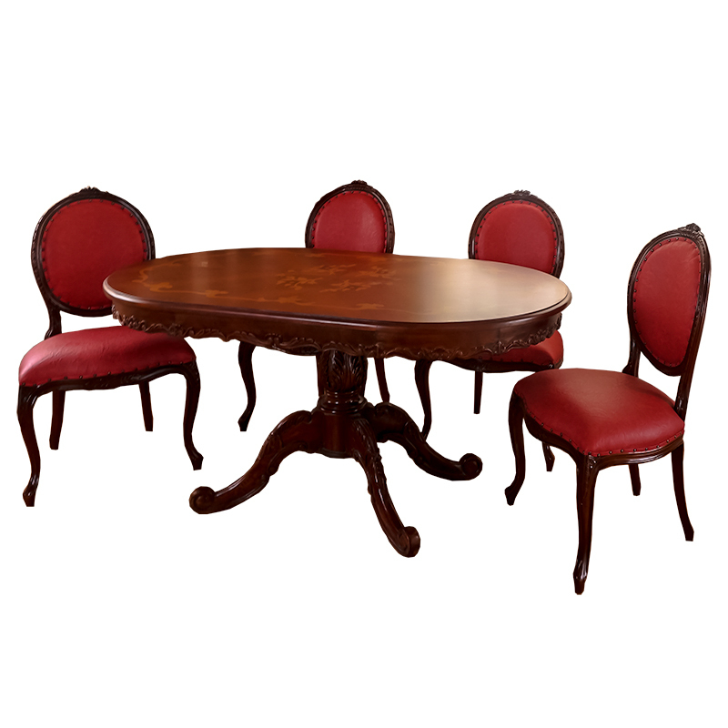 食卓セット テーブルセット ４人用 アンティーク調 マホガニー 楕円 花柄 150ｘ90cm PVCレッド オープン記念