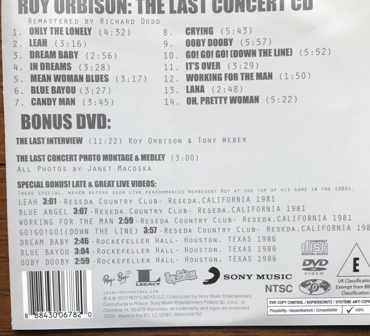 2171 / CD+DVD / ROY ORBISON / The Last Concert / 25th Anniversary Editrion / 美品_画像10