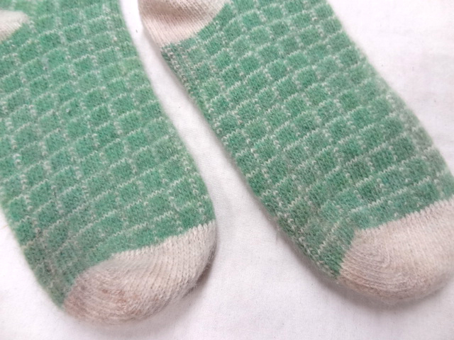  Vintage rare rare article 40S 50S 2 tone color wool socks socks foot wear .. total pattern green white green white wool thick rare color 