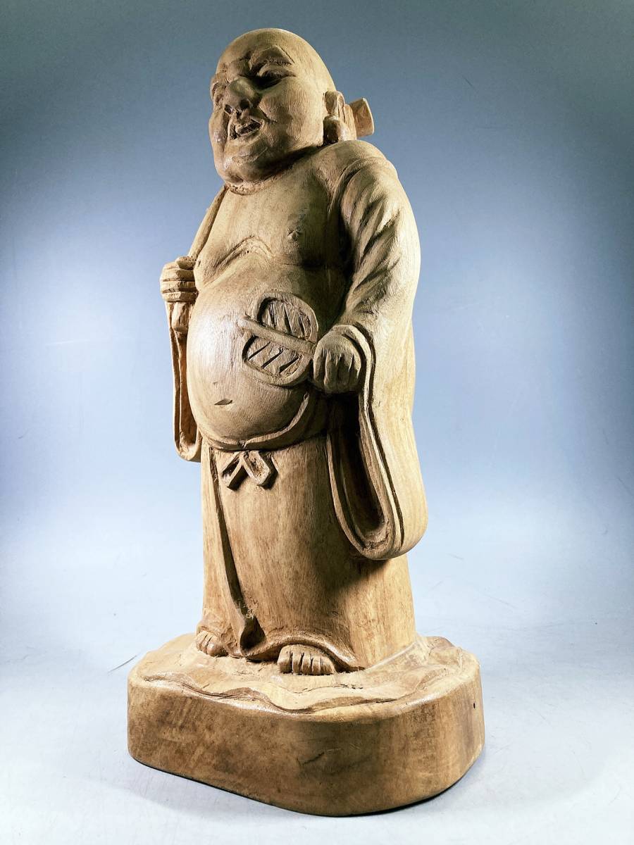 中国 白檀製 木彫彫刻 布袋・恵比寿・大黒天像 2点 置物 V 5123-